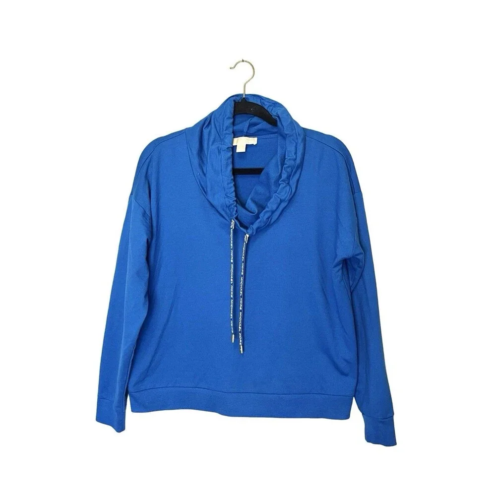 Michael Kors Blue Cropped Cowl Neck Sweatshirt Women’s Medium Drawstring Top